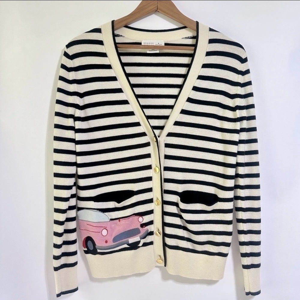 KATE SPADE Broome Street black white striped Pink Cadillac cardigan Sweater 50’s